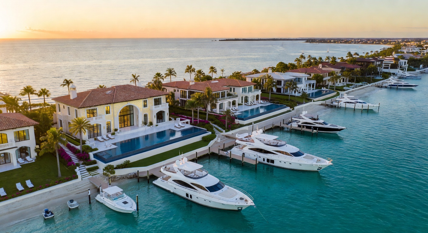 Ultra-realistic 8K aerial photograph of luxurious waterfront estates along Naples Florida coastline at golden hour with yachts docked, showcasing multimillion dollar homes with infinity pools, ultra detailed architecture, cinematic lighting, crystal clear turquoise water