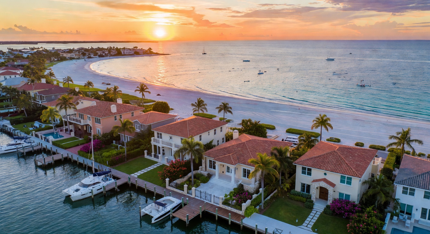 Ultra-realistic 8K aerial view of luxury waterfront homes in Pelican Bay Naples Florida with pristine beaches and Gulf of Mexico at golden hour, high detail architectural photography