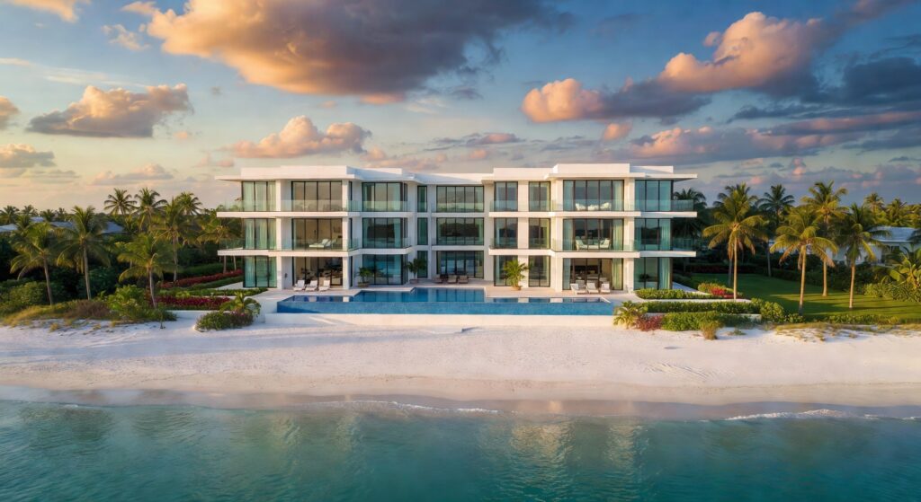 Ultra-realistic 8K aerial photograph of a spectacular modern luxury waterfront mansion on Gordon Drive in Naples Florida at golden hour with infinity pool overlooking the Gulf of Mexico, pristine white sand beach visible, dramatic sky with scattered clouds, photorealistic architectural detail, cinematic lighting