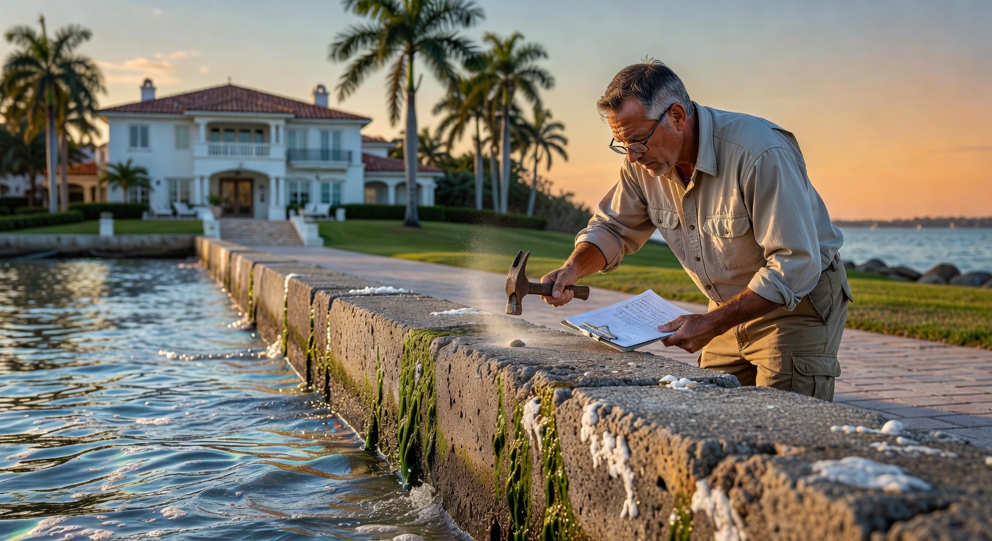 Ultra-realistic 8K close-up of a seawall inspection being conducted on a Naples waterfront property, with engineer examining concrete, water lapping against the wall, luxury home in background
