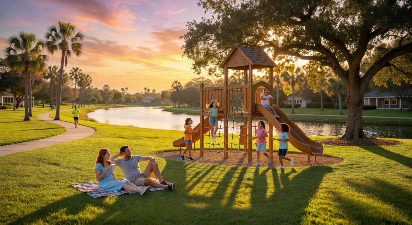 Family enjoying sunset at a community park in The Brooks Bonita Springs with children playing and parents relaxing, warm realistic 8K photography