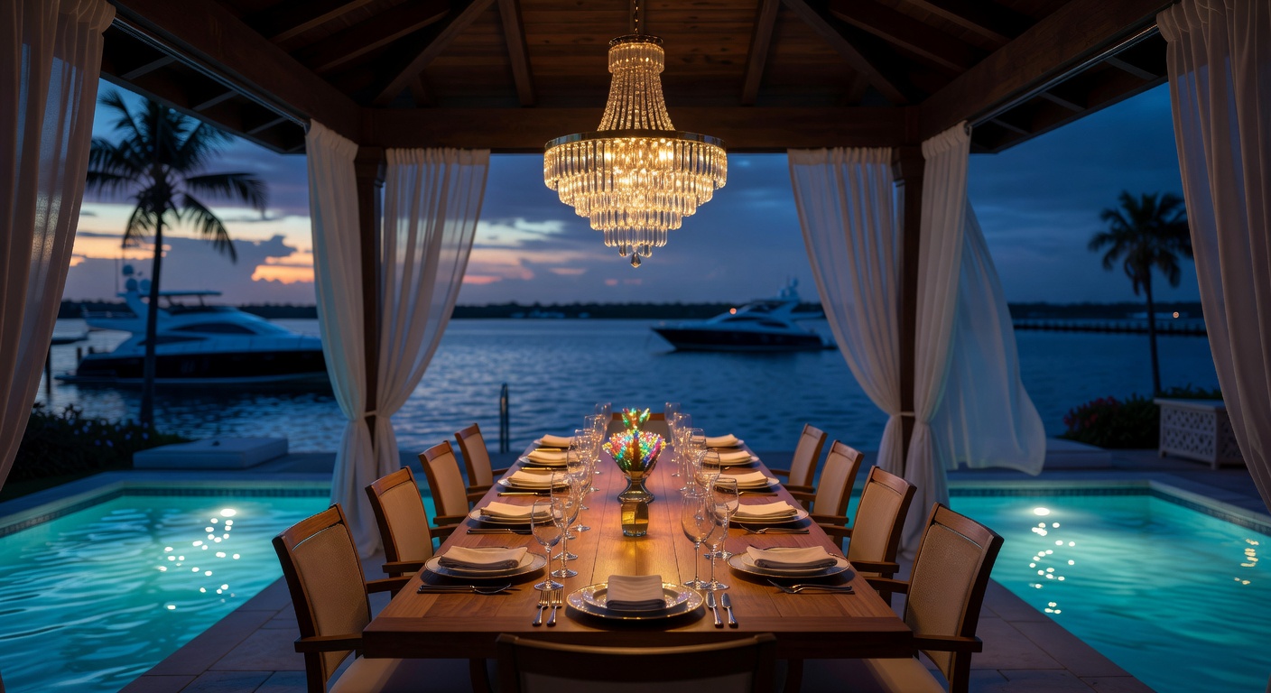 Hyper-realistic 8K image of an outdoor luxury dining pavilion on a Naples waterfront property featuring a long teak table set for twelve, crystal lighting, overlooking a glowing swimming pool and the Intracoastal Waterway at dusk