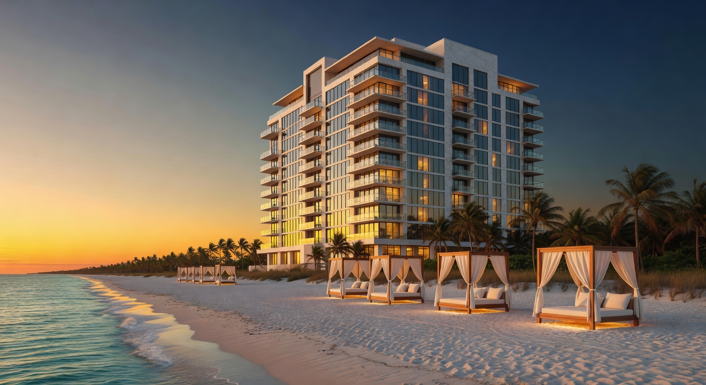 Ultra-realistic 8K photograph of The Ritz-Carlton Residences beachfront tower in Naples Florida at dusk with elegant lighting, pristine beach, and luxury beach cabanas, cinematic composition