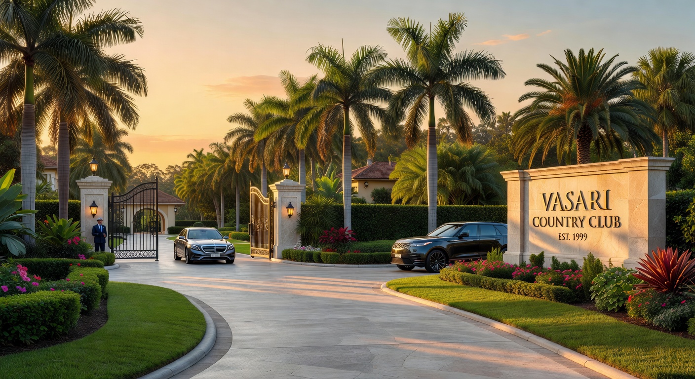 Guard-gated entrance to Vasari Country Club in Bonita Springs with lush landscaping and luxury vehicles, ultra-realistic 8K architectural image