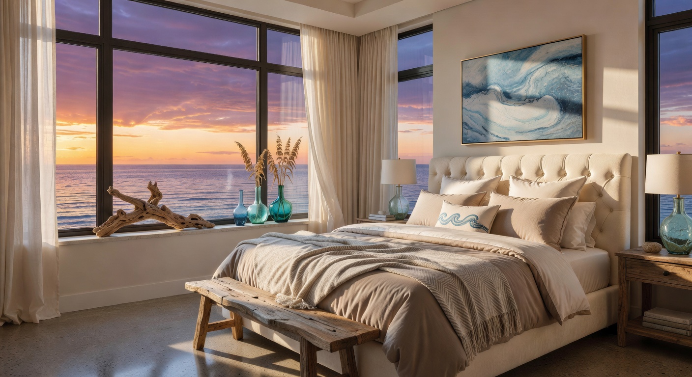 Ultra-realistic 8K photograph of a master bedroom suite in a luxury Naples waterfront home with panoramic floor-to-ceiling windows showing a breathtaking sunrise over the Gulf of Mexico, elegant neutral decor with ocean-inspired accents