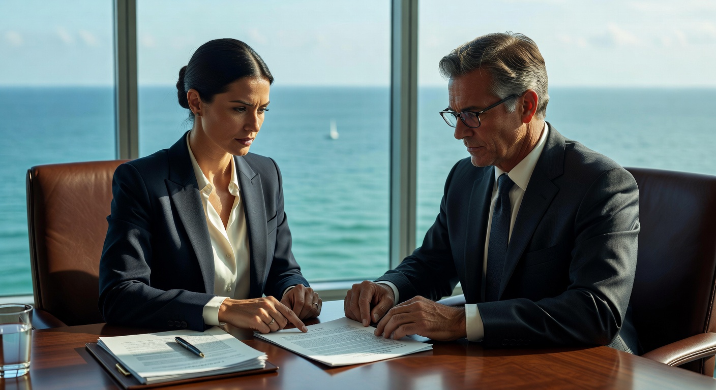 Ultra-realistic 8K image of a Naples real estate buyer reviewing property documents with their attorney in a sophisticated office overlooking the Gulf of Mexico, natural light, serious expressions