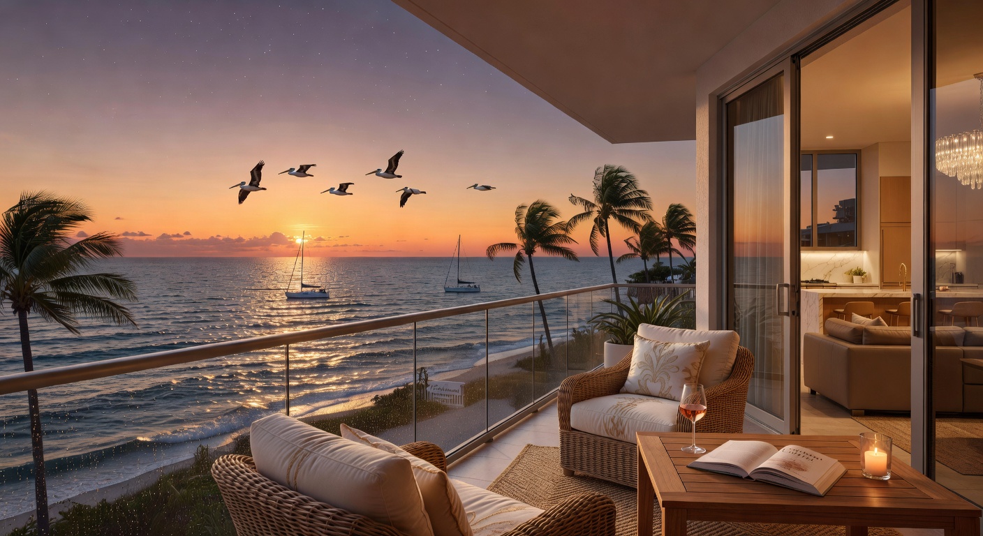 Luxury condominium balcony overlooking the Gulf of Mexico in Pelican Bay Naples at twilight with elegant outdoor furniture, 8K ultra-realistic