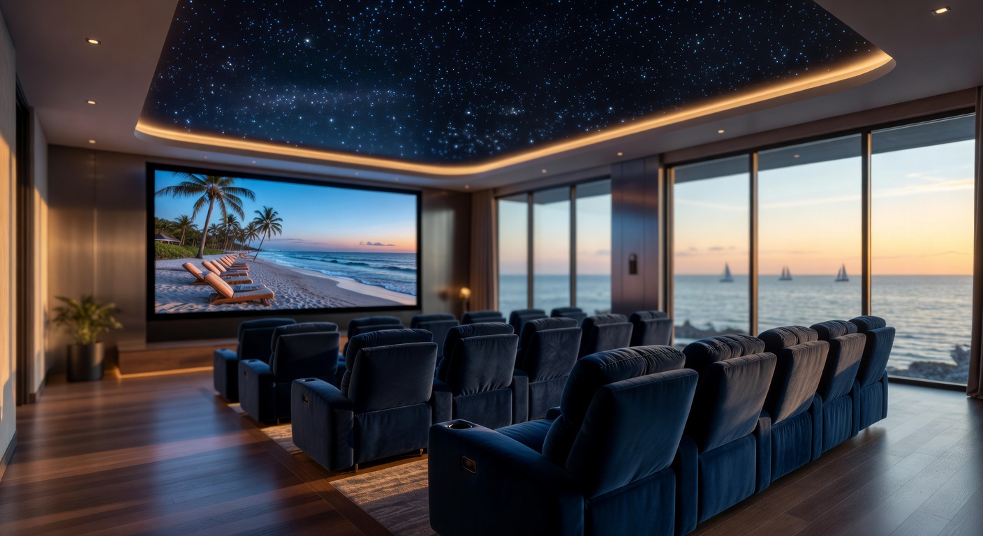 8K photorealistic image of a state-of-the-art luxury home theater inside a waterfront estate in Port Royal Naples with plush seating, starlight ceiling, and sophisticated design details