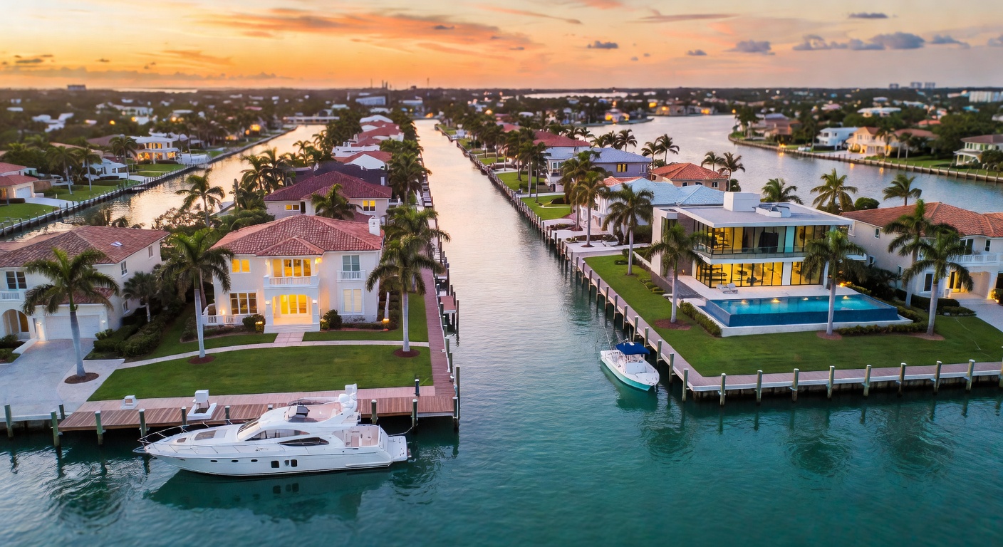 Ultra-realistic 8K aerial shot of multiple luxury waterfront communities in Naples Florida including Aqualane Shores and Coquina Sands with beautiful waterways, luxury homes, and boats during perfect sunset