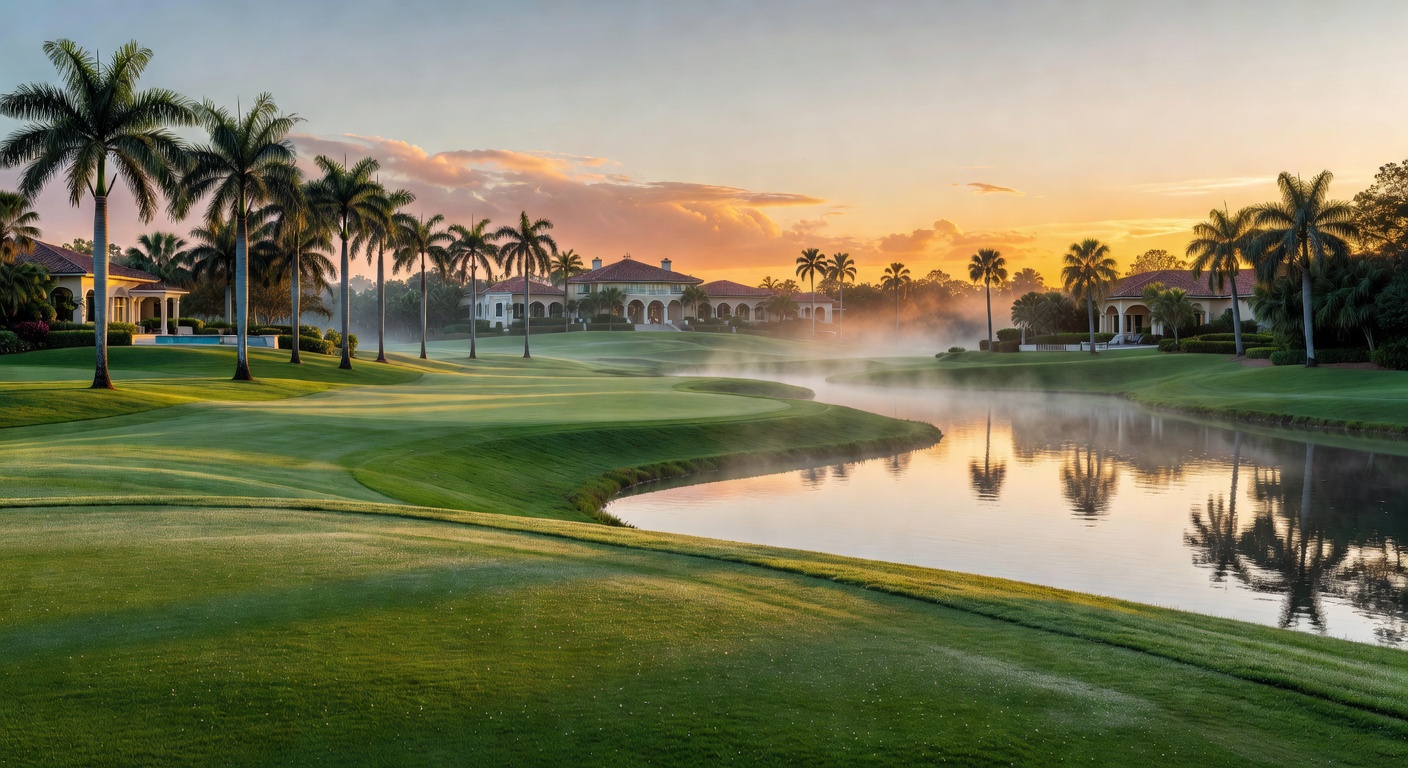 Championship golf course at dawn with mist rising over the fairways in a Southwest Florida country club community, ultra-realistic 8K image