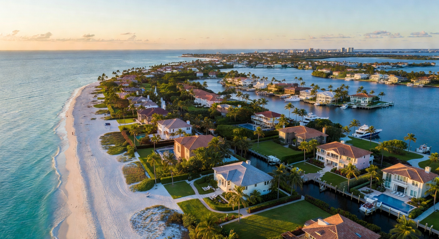 Dramatic 8K ultra-realistic aerial shot of Naples Florida coastline highlighting luxury waterfront communities including Port Royal and Aqualane Shores with beautiful turquoise waters and white sand beaches