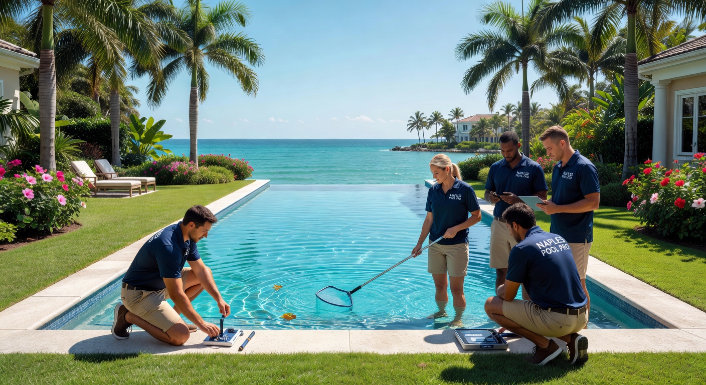 Ultra-realistic 8K image of a luxury pool maintenance crew working on an infinity pool at a multi-million dollar Naples waterfront estate, pristine landscaping, Gulf of Mexico visible
