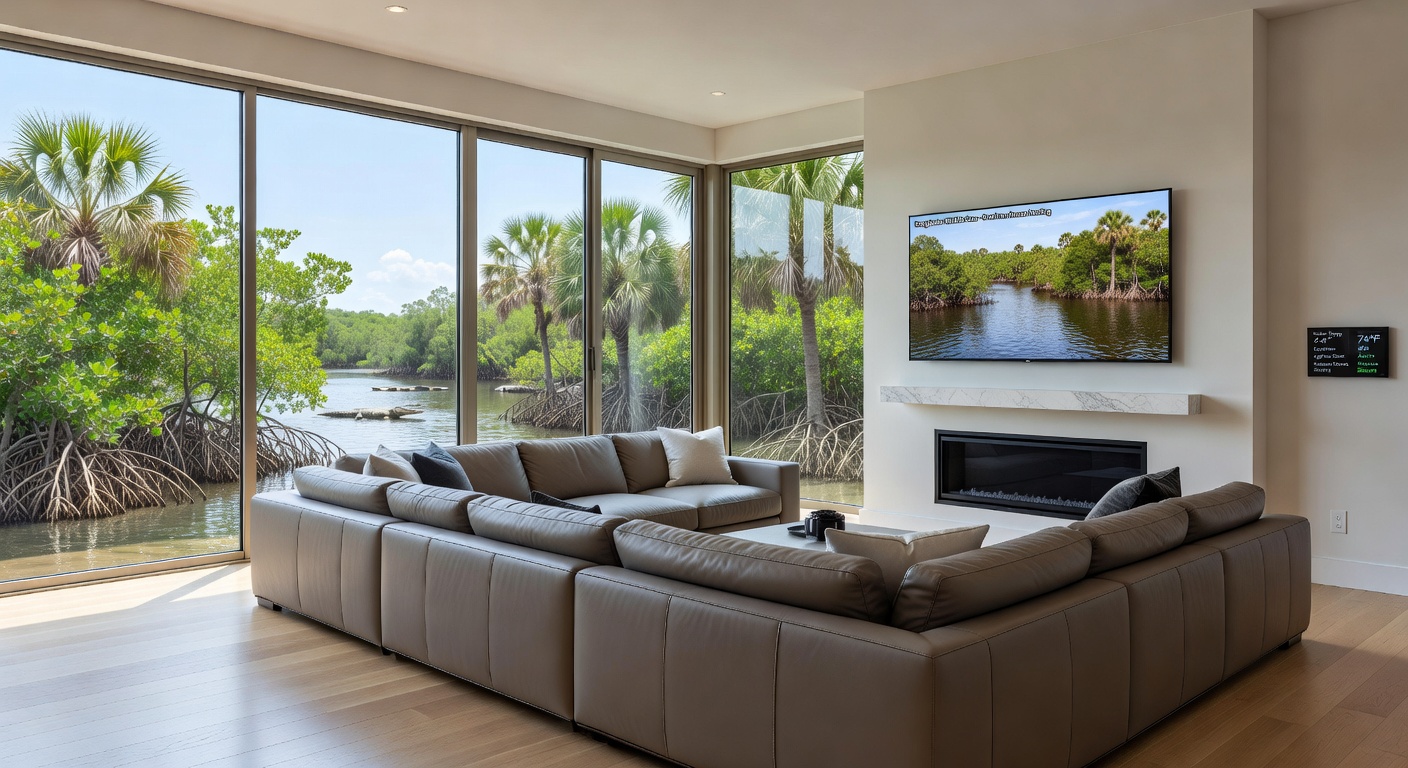 Modern smart home interior living room with floor-to-ceiling windows showcasing Florida nature preserve views, luxury furnishings, 8K ultra-realistic