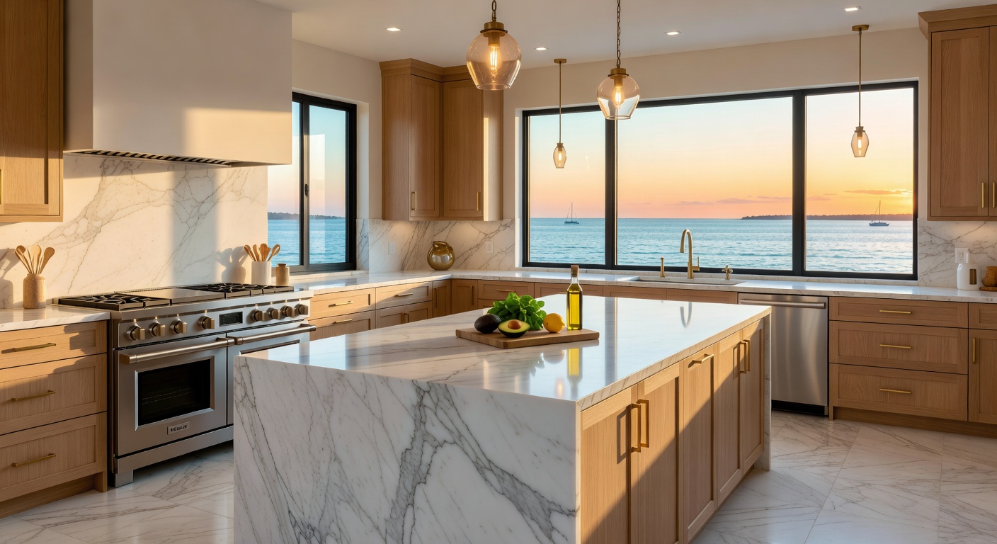 Hyper-detailed 8K image of a luxury waterfront kitchen in a Naples estate featuring premium appliances, massive island with waterfall countertop, and stunning views of the water through oversized windows