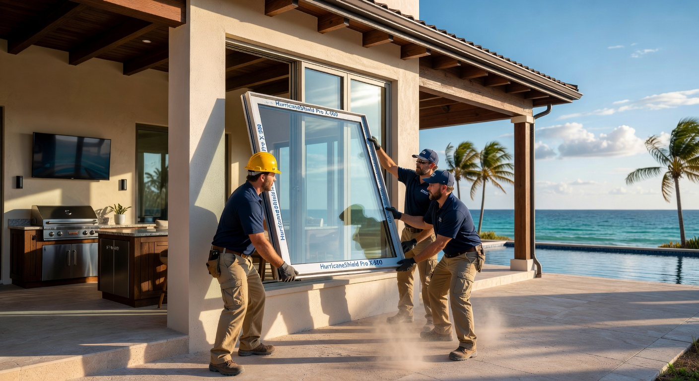 Ultra-realistic 8K photograph of a hurricane impact window being installed on a luxury Naples home, construction details, workers in professional attire, coastal setting