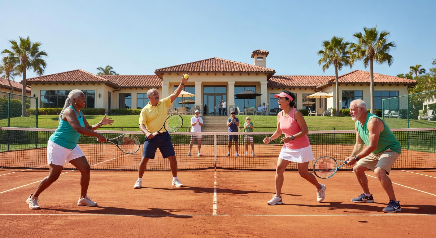 Diverse group of active seniors playing tennis at an exclusive Southwest Florida community tennis center, bright sunny day, realistic 8K photography