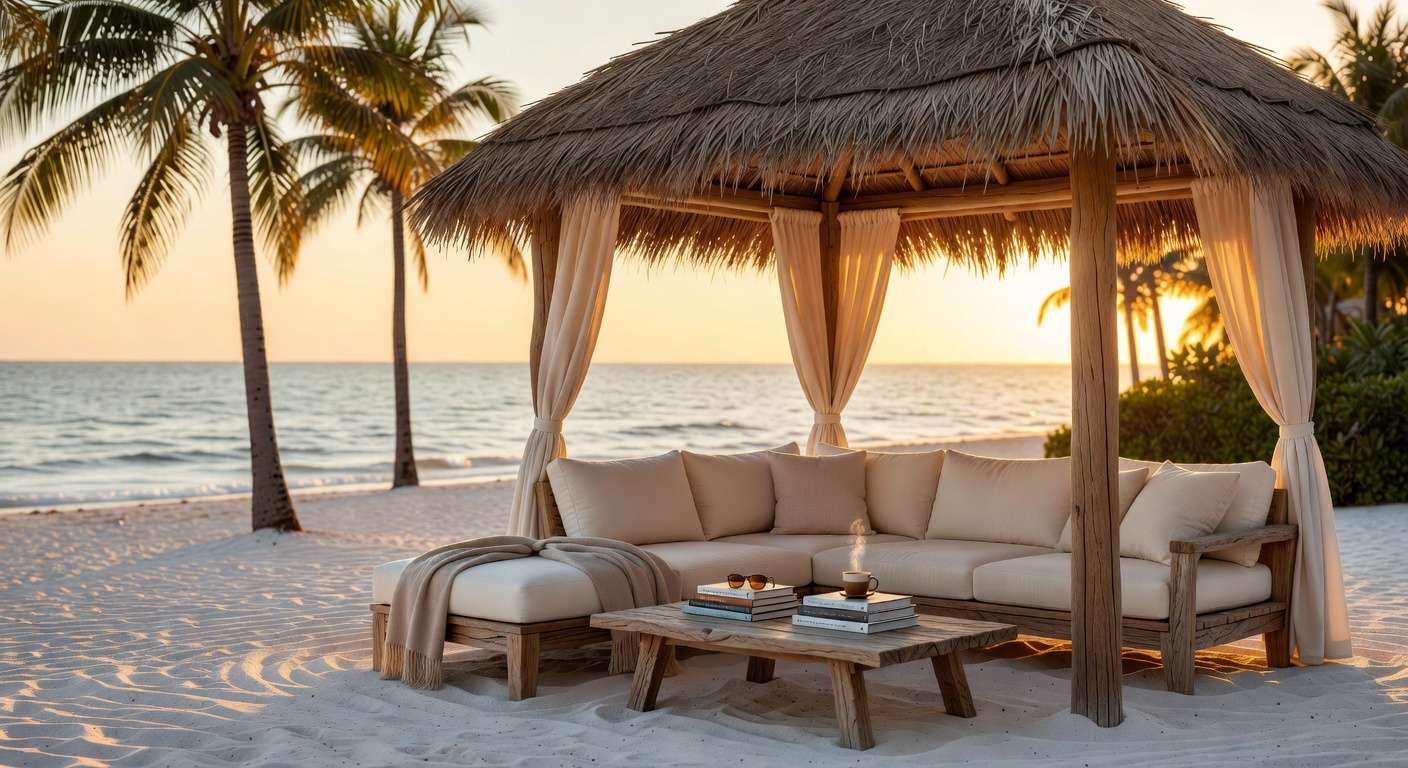 Cinematic 8K photograph of a private beach cabana and lounge area belonging to an exclusive Gordon Drive waterfront property in Naples Florida with comfortable seating and calm Gulf waters in background