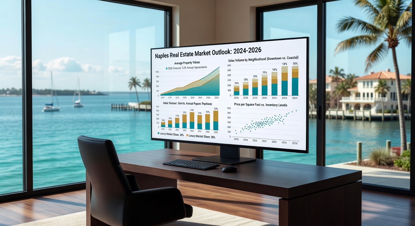 Ultra-realistic 8K image showing financial analysis charts and graphs for Naples real estate market trends projected to 2026 displayed on a large monitor in a luxury home office with waterfront view