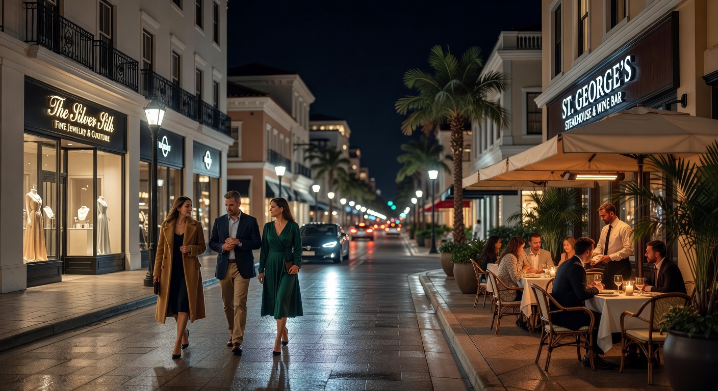Night view of elegant 5th Avenue South Naples Florida street scene with luxury shopping and dining establishments, atmospheric 8K ultra-realistic image