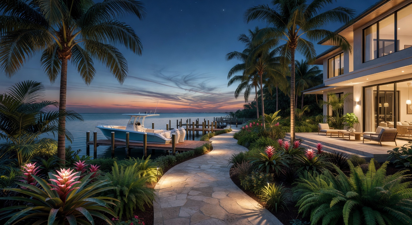Ultra-realistic 8K image of a beautifully landscaped tropical garden path leading to a private dock at a luxury waterfront home in The Moorings Naples, featuring exotic plants, lighting, and a waiting boat at twilight