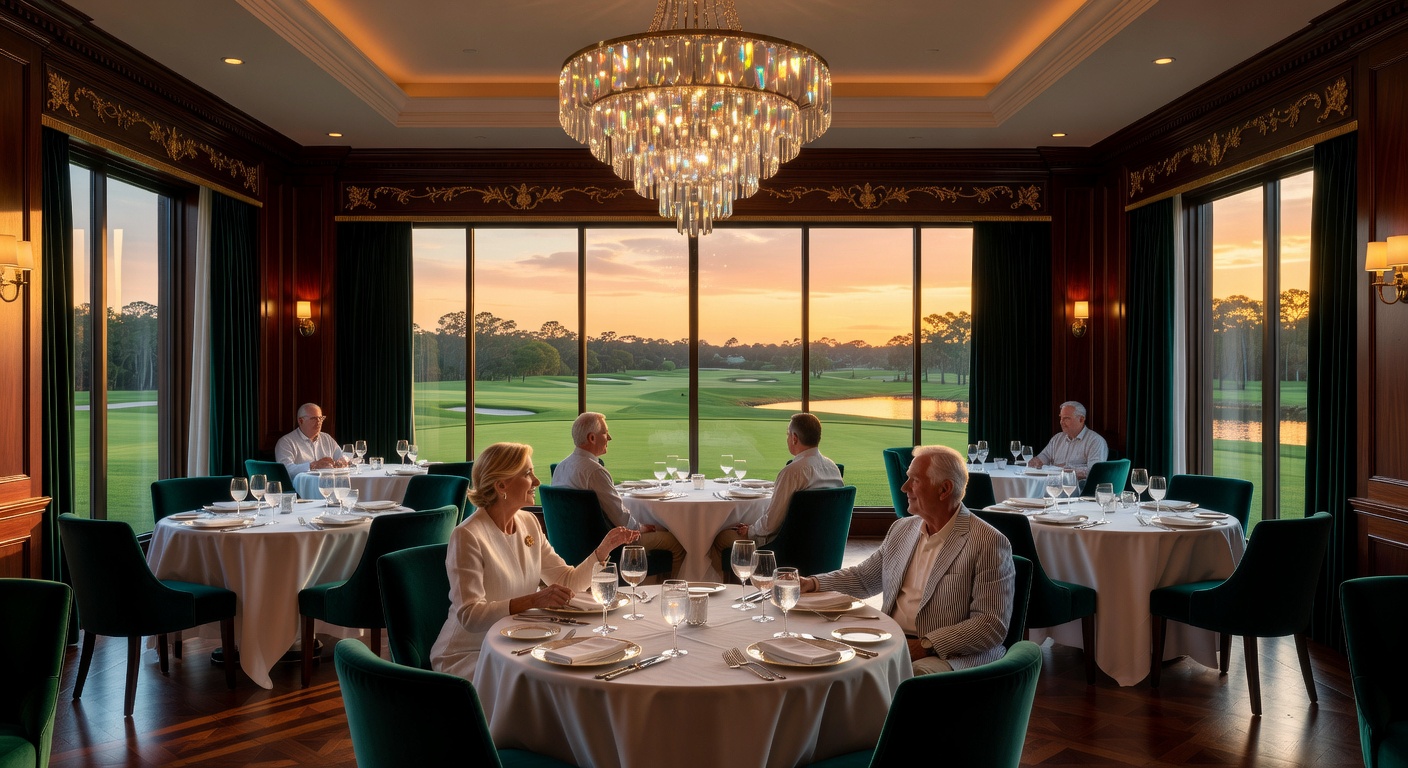 Ultra-realistic 8K photograph of an exclusive Naples Florida country club dining room with members enjoying sunset view over the golf course, elegant interior design, crystal glassware