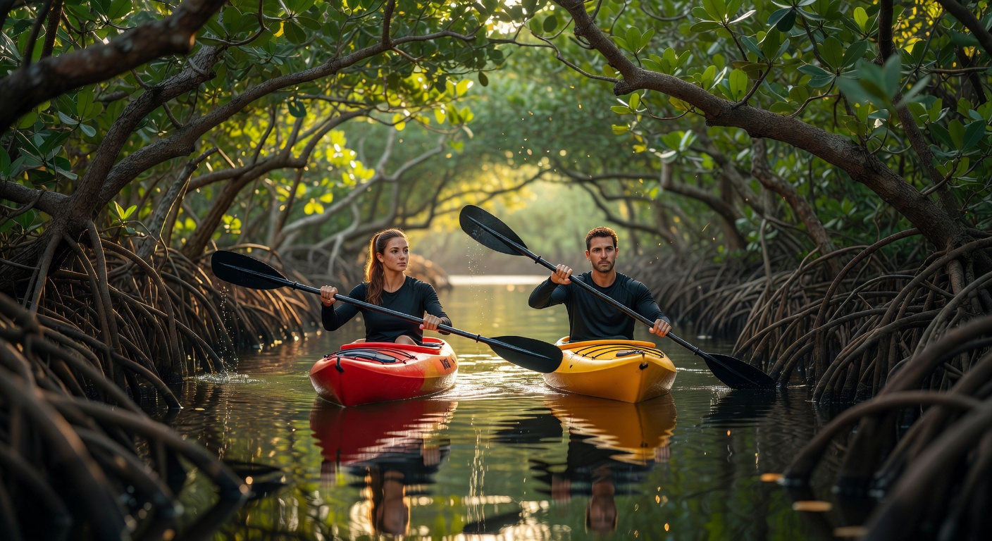 Kayakers paddling through mangrove tunnels in a Bonita Springs nature preserve with golden sunlight filtering through trees, ultra-realistic 8K