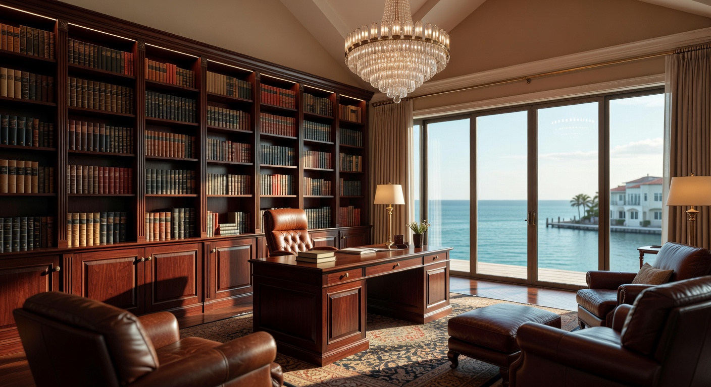 8K photorealistic rendering of a spectacular two-story library and office space inside a Naples luxury waterfront residence with water views, floor-to-ceiling bookshelves, and elegant masculine furnishings