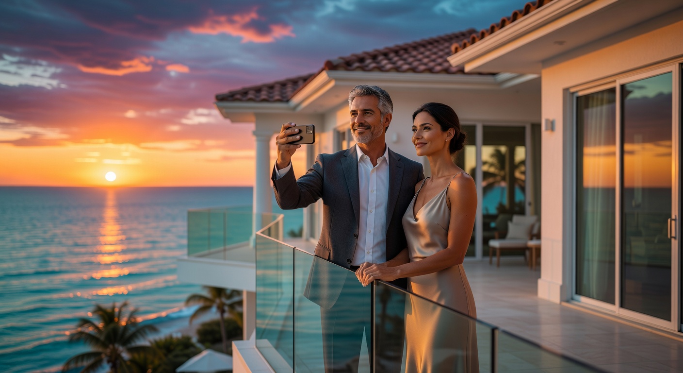 Ultra-realistic 8K cinematic image of a confident couple standing on the balcony of their new luxury Naples waterfront home, looking at the sunset over the Gulf of Mexico, expressions of satisfaction