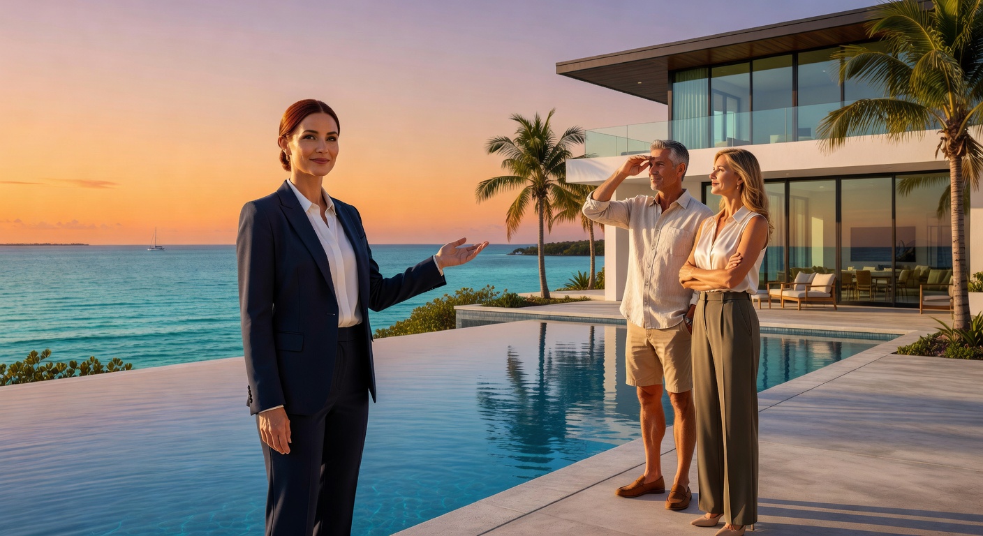 Real estate agent showing luxury waterfront property to couple in Southwest Florida, professional setting with beautiful home in background, 8K ultra-realistic lifestyle photography