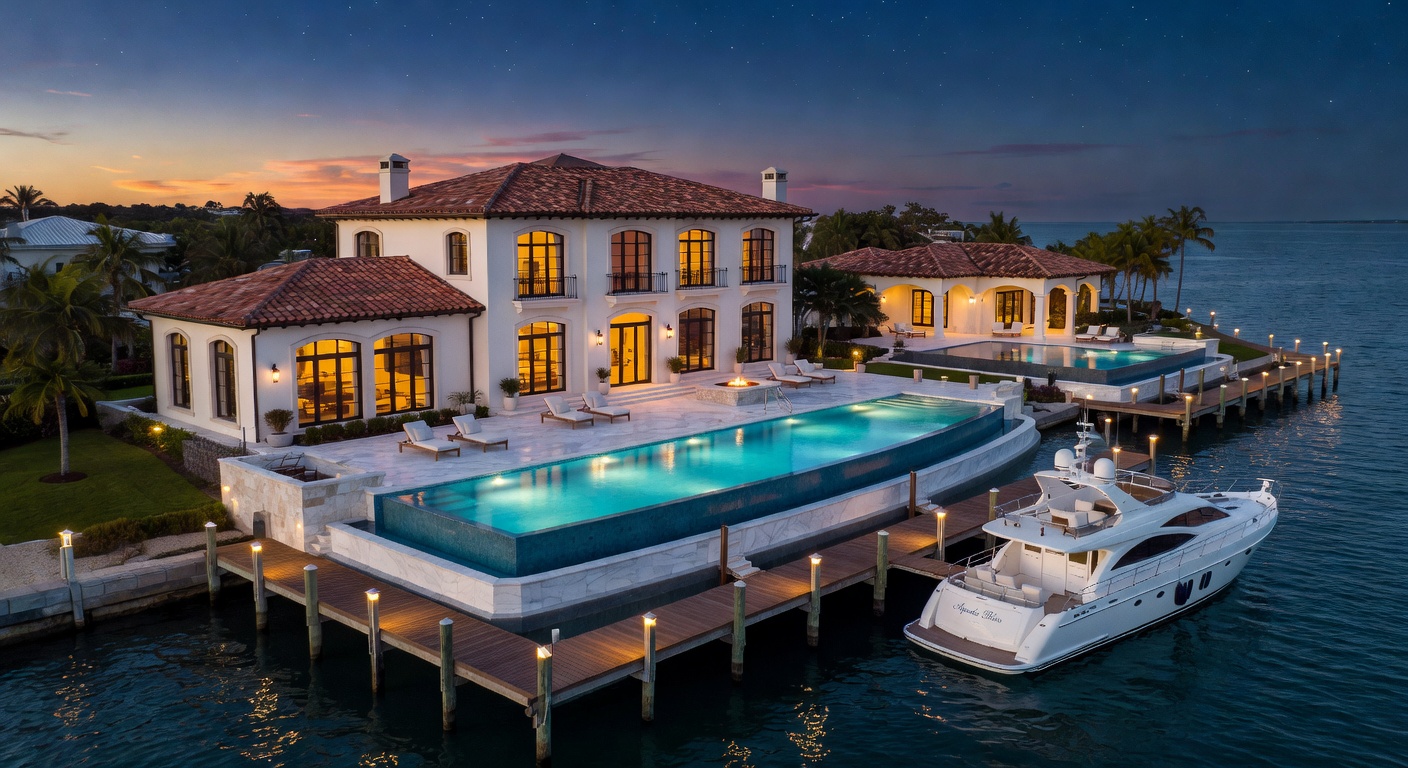 Hyper-realistic 8K aerial twilight photograph of an illuminated ultra-luxury waterfront compound in Naples Florida showing the entire estate, pool area, guest house, and private dock all glowing against the dark blue water