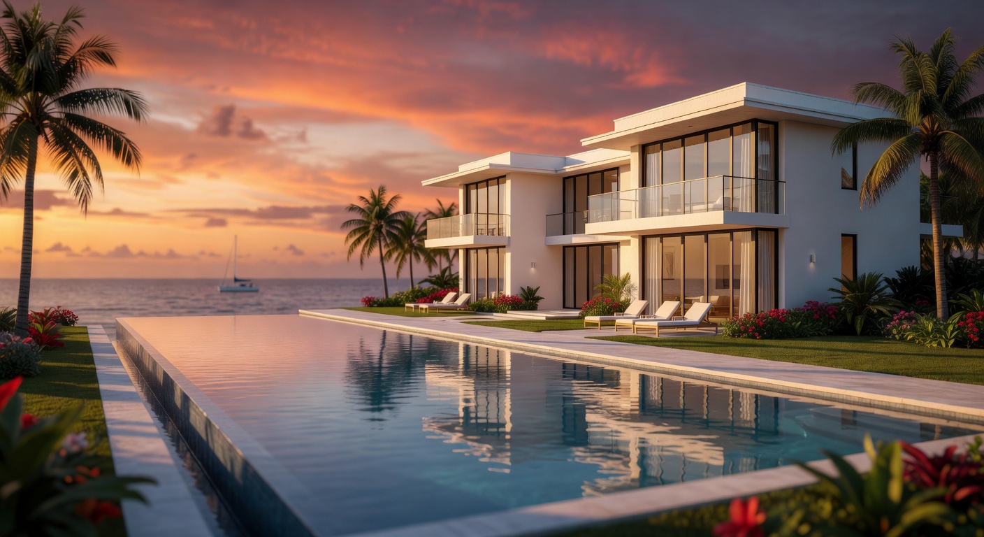 Luxurious single-family estate with infinity pool overlooking the water in Aqualane Shores Naples Florida, dramatic sunset lighting, ultra-realistic 8K photography