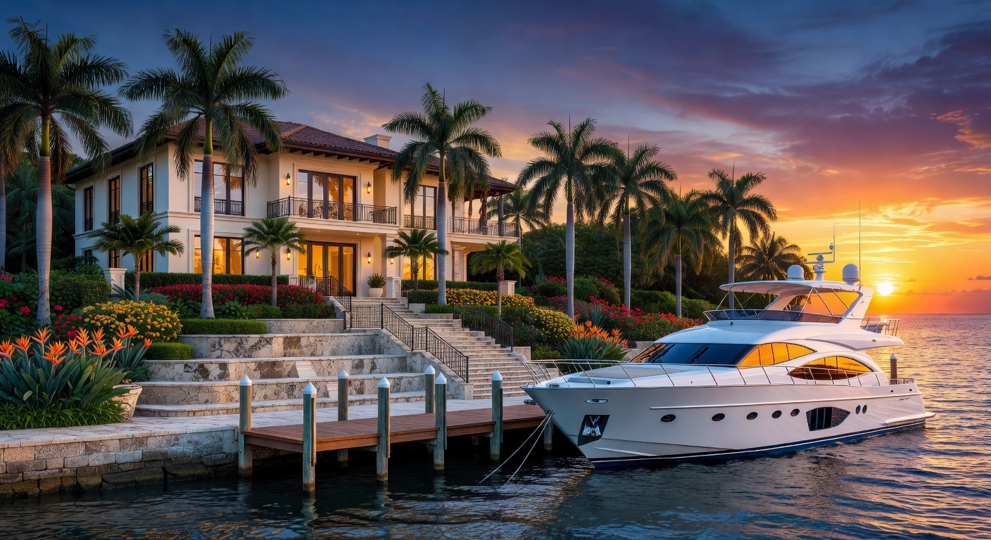 8K photorealistic image of an opulent Port Royal Naples waterfront estate featuring a private deep-water dock with a 100-foot luxury yacht, tropical landscaping, multiple terraces, and breathtaking sunset over the bay, hyper-detailed textures