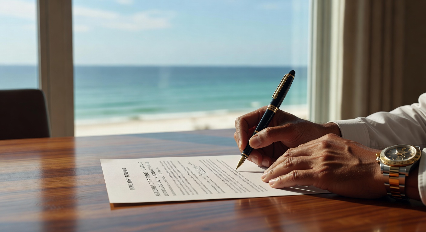 Ultra-realistic 8K close-up of a Naples Florida real estate contract being signed on a luxury teak table overlooking the Gulf of Mexico, with expensive pen, high-end watch, and waterfront view in background, natural lighting