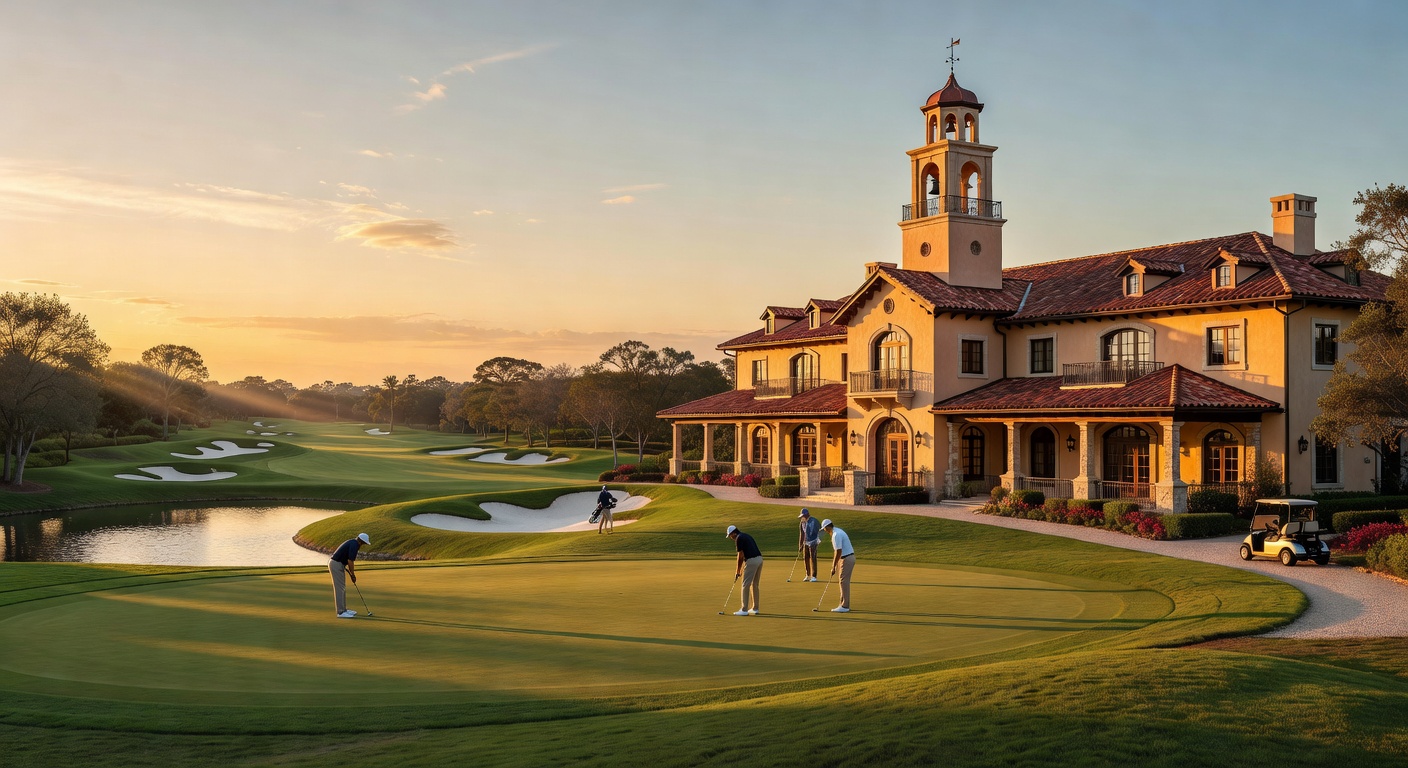 Exclusive clubhouse and championship golf course at Grey Oaks Country Club in Naples Florida with perfectly manicured greens, 8K ultra-realistic image