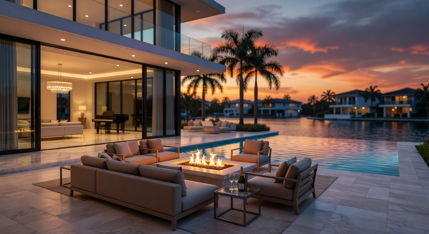Ultra-detailed 8K rendering of a contemporary glass-walled luxury waterfront home in Aqualane Shores Naples with disappearing sliding glass walls opening to an expansive outdoor living area with modern fire pit and pool, twilight lighting