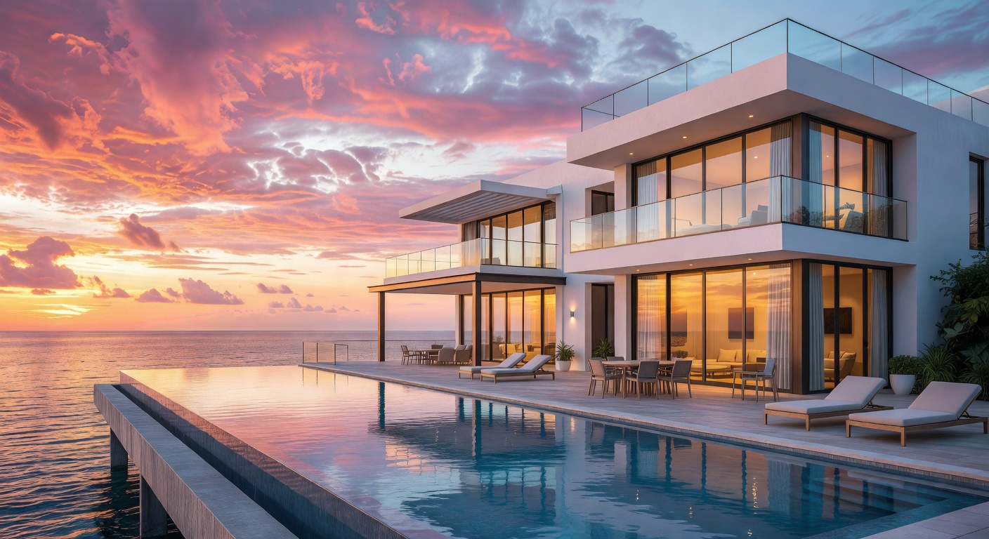 Ultra-realistic 8K photograph of a stunning modern Naples waterfront mansion with floor-to-ceiling glass, infinity pool overlooking the bay at sunset, dramatic sky with pink and orange clouds, high-end outdoor furniture