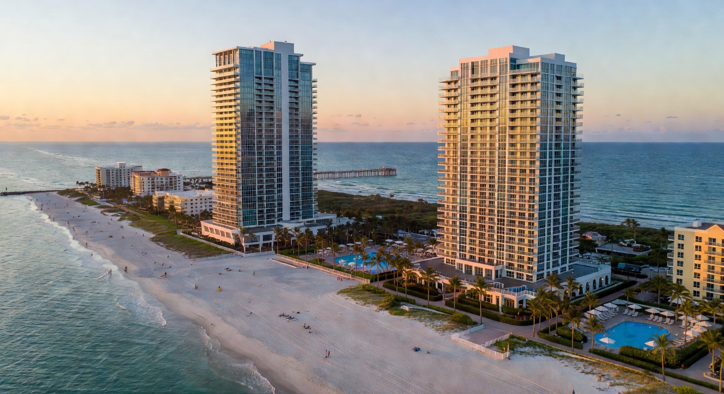 Stunning aerial perspective of The Ritz-Carlton Residences Naples with private beach and luxury high-rise buildings along the Gulf coast, golden hour lighting, 8K detail