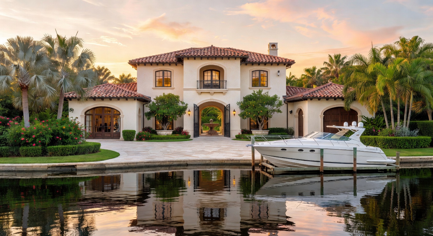 Cinematic 8K photograph of a Mediterranean-style luxury waterfront villa in The Moorings Naples Florida, featuring a grand two-story entrance, private boat lift, lush tropical gardens, and calm canal waters at sunrise