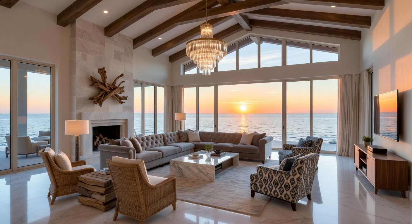 Ultra-realistic 8K interior shot of an opulent Naples Florida luxury home great room with cathedral ceilings, floor to ceiling windows overlooking water, designer furnishings, marble floors, and contemporary coastal decor