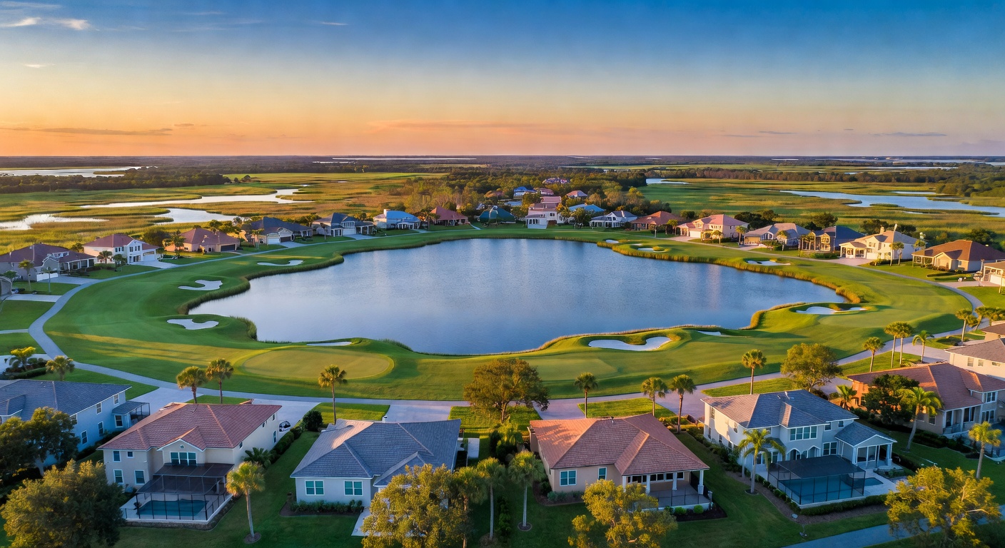 Master-planned community aerial view of The Brooks in Bonita Springs Florida showing lakes, golf courses and luxury homes, ultra-realistic 8K photography