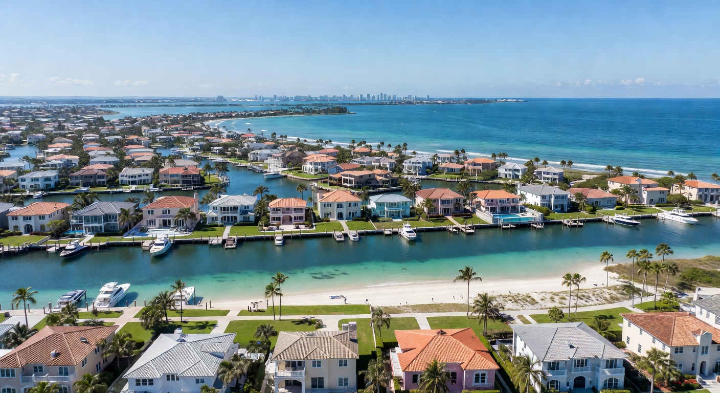 Hyper-realistic 8K image showing an aerial view of exclusive Port Royal gated community in Naples with multiple multi-million dollar waterfront estates, pristine waterways, and private beaches, bright daylight with clear blue skies