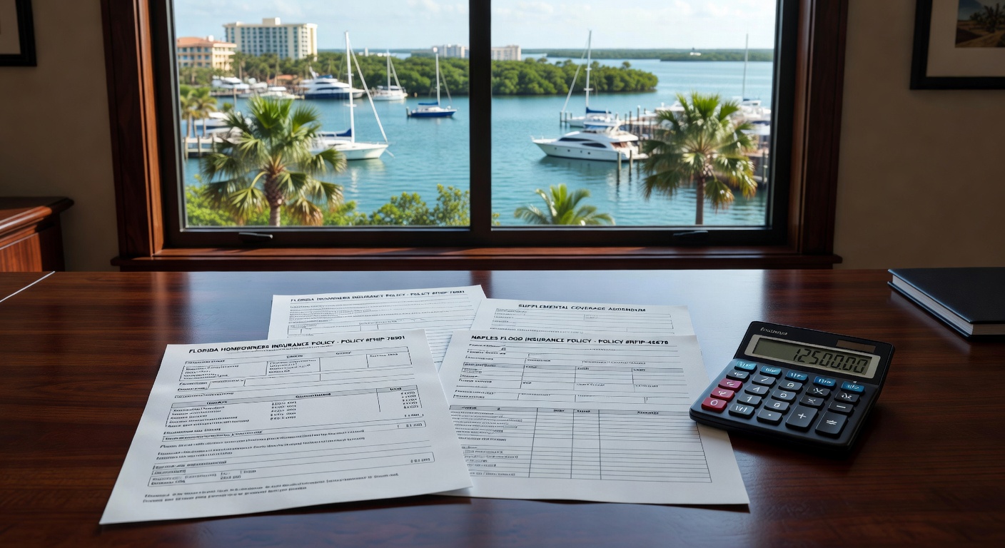 Ultra-realistic 8K image showing various insurance documents, Florida homeowners insurance policies, flood insurance paperwork, and calculator on a wooden desk with Naples waterfront property visible through window