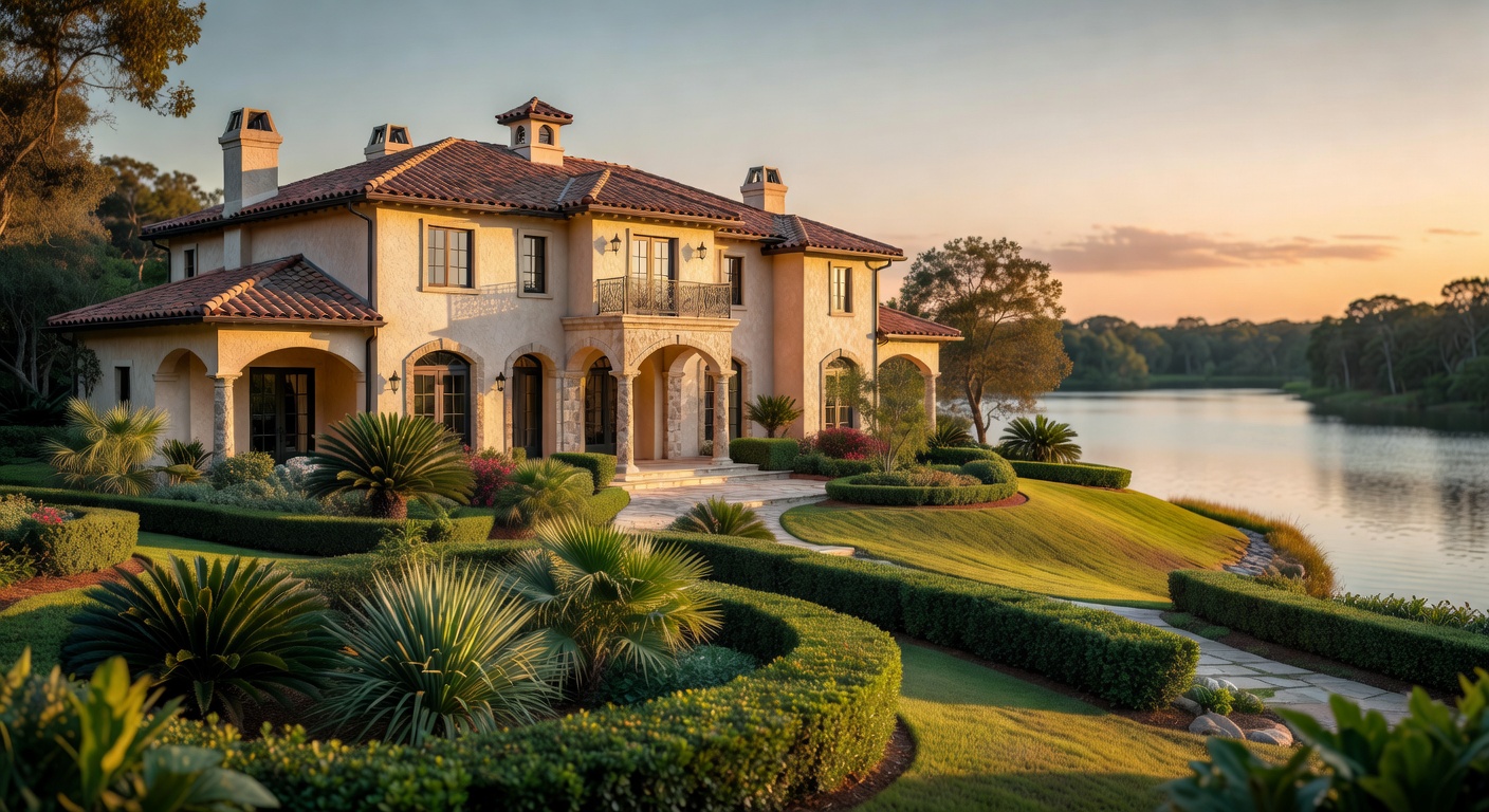 Elegant Mediterranean-style luxury home in Mediterra Bonita Springs with lakefront view and meticulously landscaped gardens, 8K ultra-realistic rendering