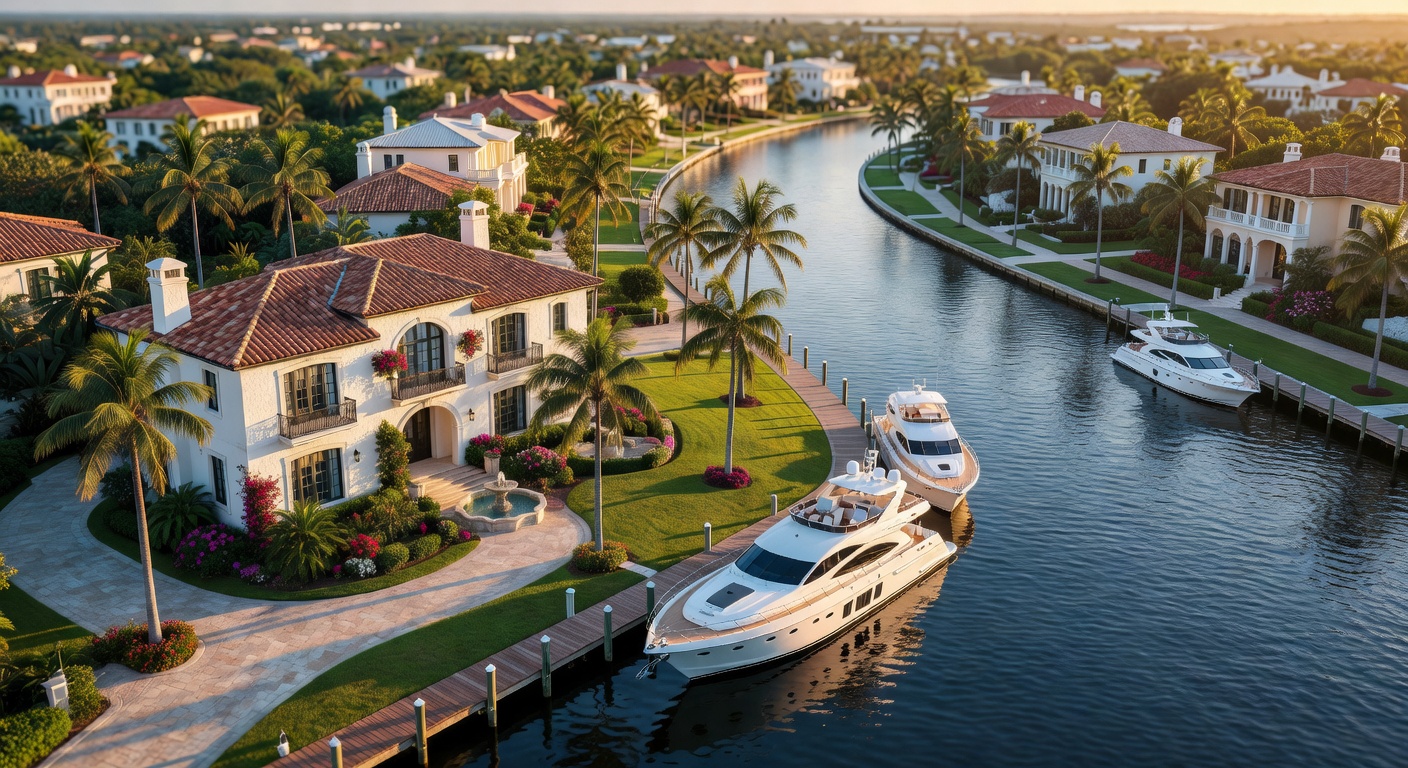 Ultra-realistic 8K aerial view of Port Royal neighborhood in Naples Florida showing exclusive waterfront estates, private docks, luxury yachts, and pristine waterways during golden hour