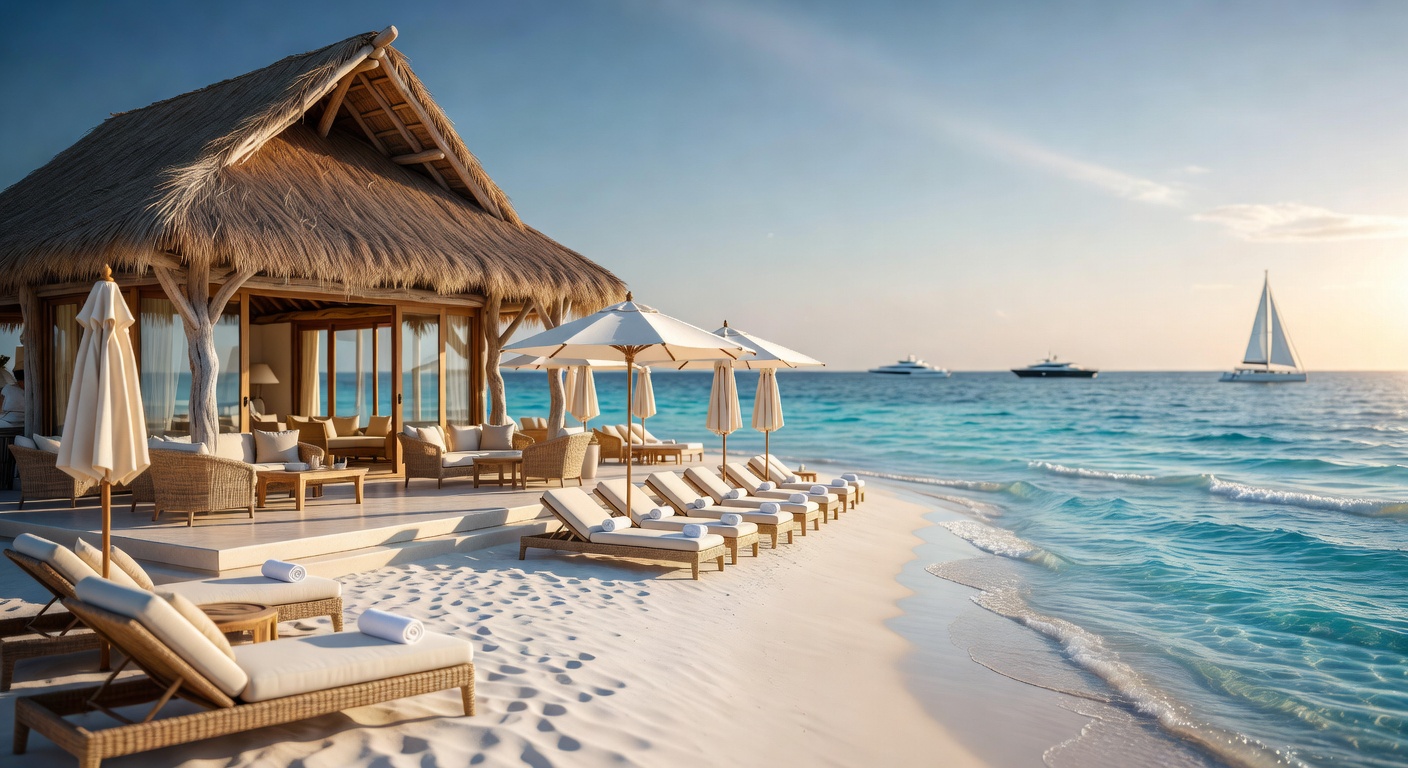 Private beach club pavilion at Bonita Bay with white sand beach and turquoise water, luxury lounge chairs and umbrellas, ultra-realistic 8K image