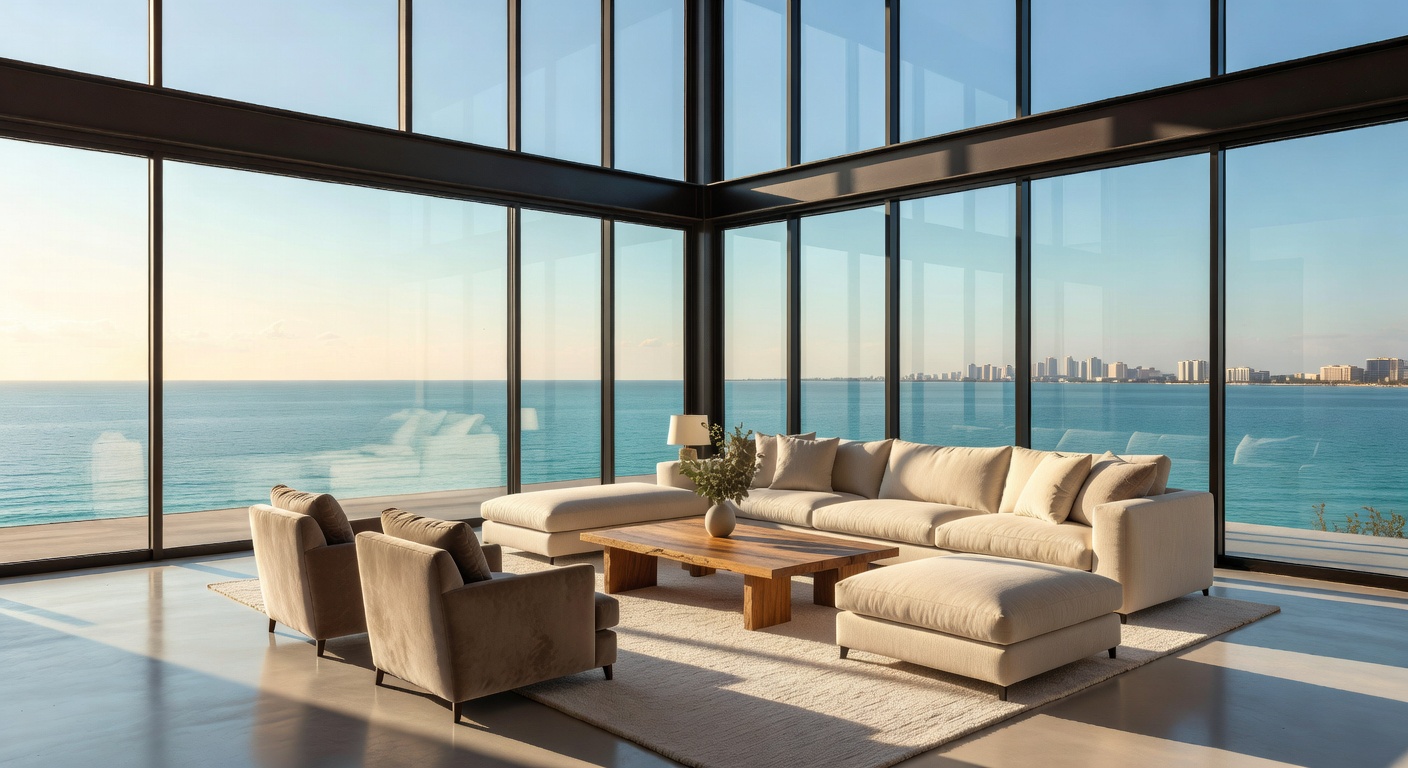 Photorealistic 8K interior view of a modern Naples waterfront great room with floor-to-ceiling glass walls revealing panoramic water views, sophisticated neutral furnishings, soaring ceilings, and natural light flooding the space