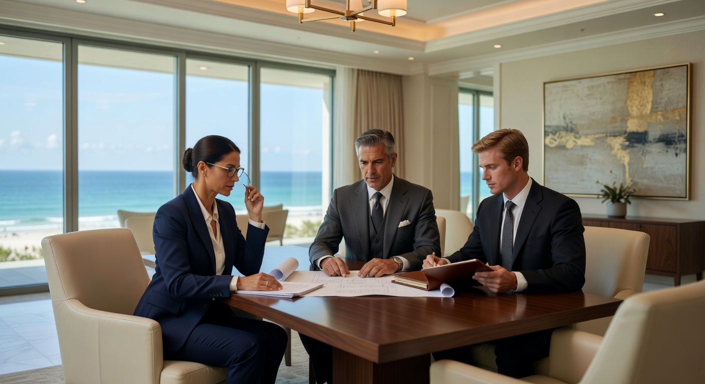 Ultra-realistic 8K photograph of a professional real estate negotiation meeting in a Naples penthouse conference room with ocean view, three professionals discussing documents, high-end interior design