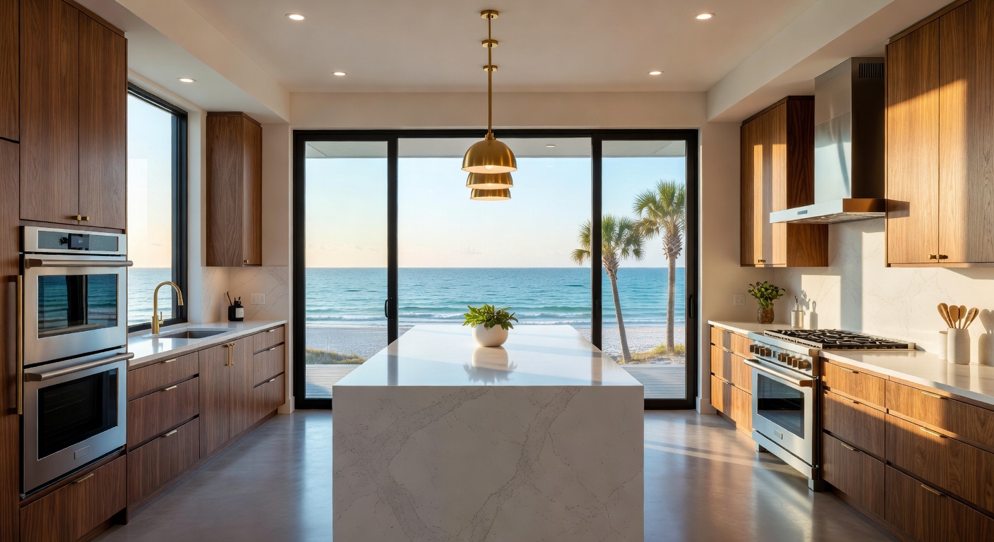 Modern luxury kitchen interior in a high-end Southwest Florida waterfront home with premium appliances and Gulf views, ultra-realistic 8K photography
