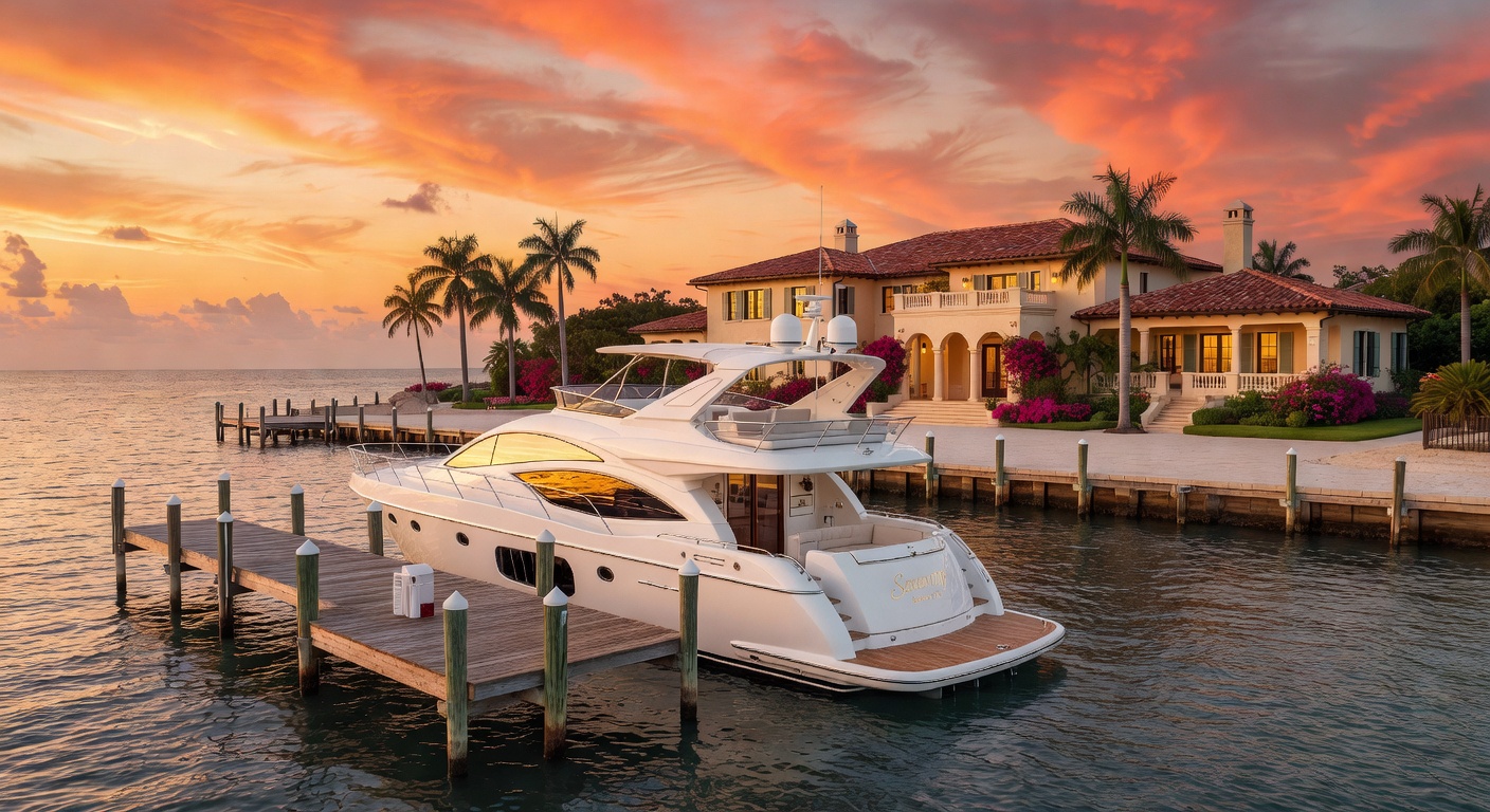 8K ultra-detailed image of a luxury yacht docked at a private pier behind an elegant waterfront estate in Coquina Sands Naples Florida during a perfect sunset with vibrant orange and pink skies