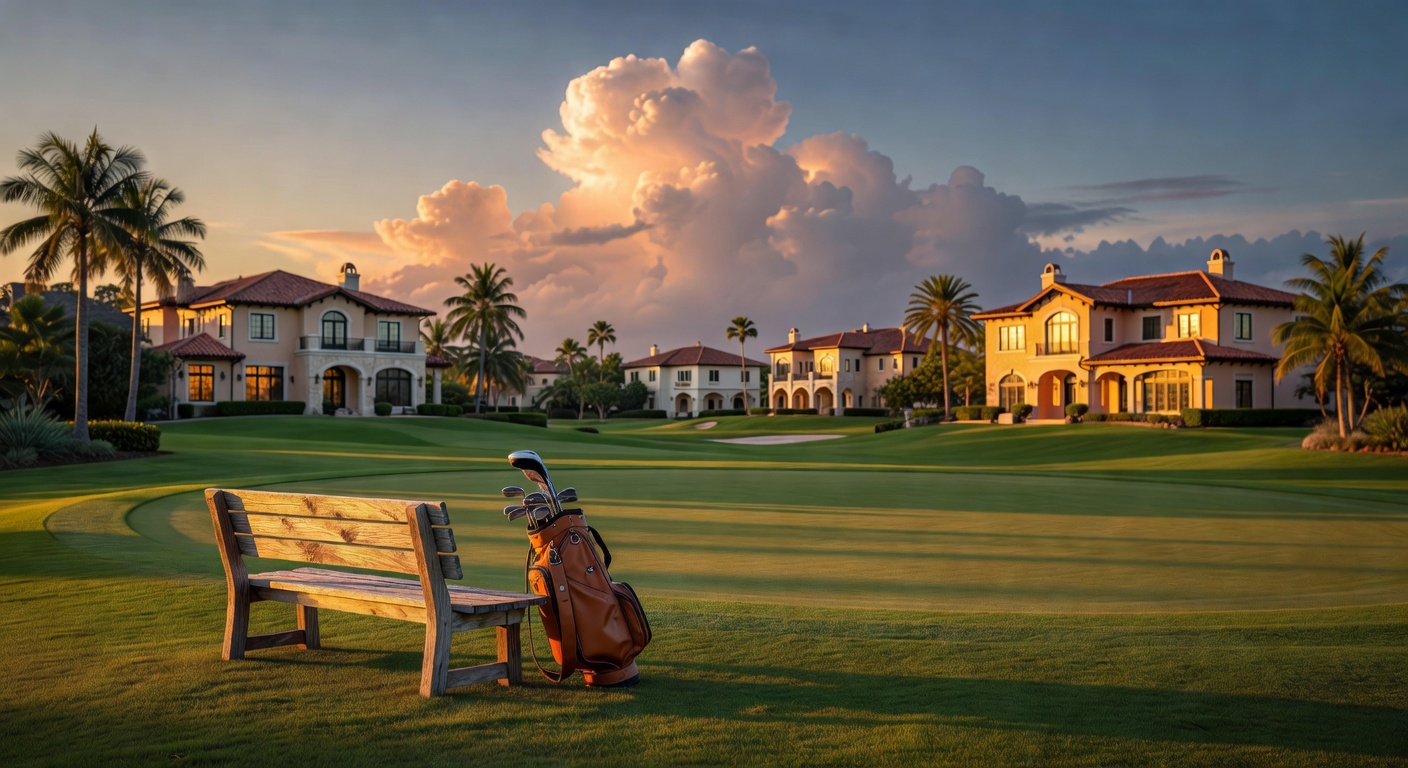 Ultra-realistic 8K image of a luxury golf course community in Naples Florida with manicured fairways, luxury homes along the course, dramatic cloud formations, and high-end residential architecture